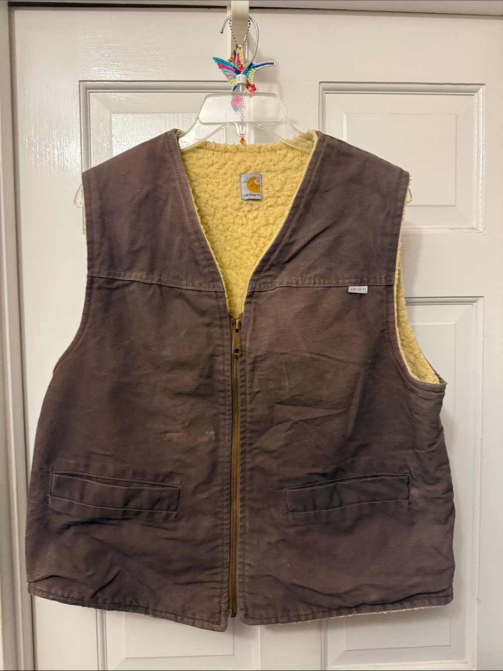 Carhartt Brown Work Vest with Yellow Sherpa Lining